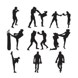 May include: A collection of black silhouettes depicting various martial arts poses. The images show figures engaged in boxing, kicking, and using a punching bag. The figures are in action, demonstrating different fighting techniques.