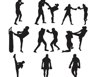 Boxing Fighter Silhouette Embroidery Design Bundle, Kickboxing Martial Arts Machine Embroidery File, Instant Download, 7 Size
