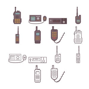 May include: An illustration of various communication devices, including handheld radios, base stations, and mobile transceivers. The devices are in shades of gray, brown, and black, with antennas and buttons. The image is on a white background.