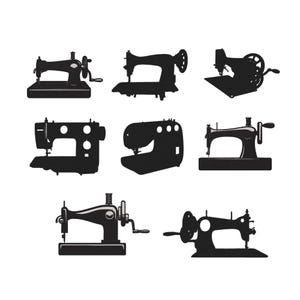 Puede incluir: Una colección de nueve imágenes de siluetas negras de máquinas de coser antiguas. Los diseños varían, mostrando diferentes modelos con manivelas, ruedas y varias formas de cuerpo. Las imágenes están sobre un fondo blanco.