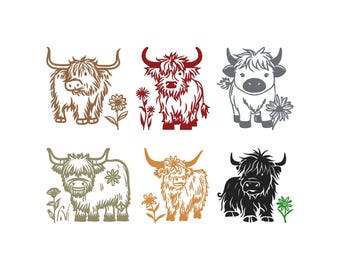 Highland Cow Design, Highland Cow Machine Embroidery File, 6 Design, 5 Size, Instant Download