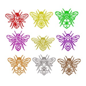 May include: Nine colorful bee cutouts in red, yellow, green, purple, gold, silver, and brown. Each bee features intricate floral designs within its body and wings. The bees are arranged in three rows of three against a white background.