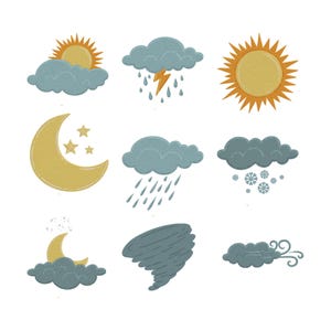 May include: A collection of weather-themed illustrations. The image features a sun, clouds with rain and lightning, a crescent moon with stars, and a tornado. The color palette includes yellow, blue, and gray, creating a whimsical and educational aesthetic.