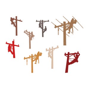 Könnte beinhalten: Eine Sammlung stilisierter Silhouetten von Elektrikern auf Strommasten. Die Bilder sind in verschiedenen Farben, darunter Rot, Braun und Orange, vor einem weißen Hintergrund. Die Arbeiter werden beim Klettern und Arbeiten an den Masten dargestellt.