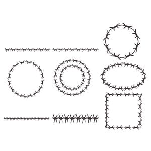Puede incluir: Elementos de diseño de alambre de púas negro en varias formas, incluyendo círculos, óvalos y cuadrados. La imagen también presenta líneas rectas de alambre de púas. Estos elementos son ideales para crear bordes y marcos.