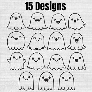 May include: A digital graphic featuring the text 15 Designs at the top, followed by fifteen individual black and white line art illustrations of ghosts, each displaying a unique facial expression with simple eyes and mouths on a white background.