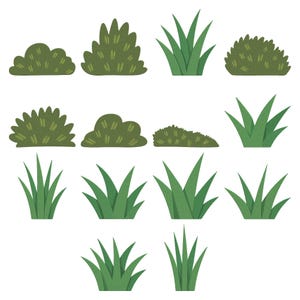 Op de afbeelding: Een verzameling van veertien digitale illustraties van groene planten, waaronder diverse ronde struiken met getextureerde bladeren en scherpe, puntige grassprieten, allemaal gepresenteerd als individuele iconen op een witte achtergrond.