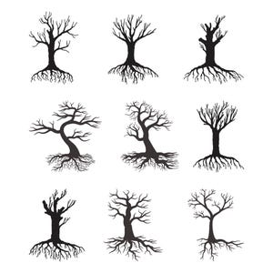 May include: Nine black silhouette illustrations of bare trees with exposed roots against a white background. The trees vary in shape and size, with detailed branches and root systems, suitable for design or decorative purposes.