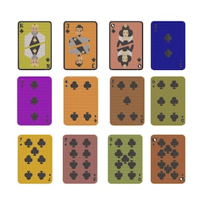 May include: A set of playing cards with the suit of clubs. The cards show face cards like the King, Queen, and Jack, plus numbered cards from 2 to 10. Each card has a textured look and a different colour, with the suit symbols clearly visible.
