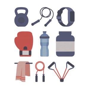 May include: An illustration of fitness equipment including a kettlebell, jump rope, smartwatch, boxing glove, water bottle, supplement jar, towel, resistance band, and another jump rope. The items are in shades of blue, red, and peach.