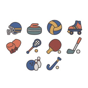 May include: A collection of colorful sports equipment icons, including a football helmet, curling stone, volleyball, roller skate, boxing gloves, tennis racket, ping pong paddle, golf club, bowling ball and pins, and hockey stick.