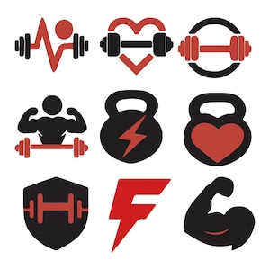 May include: A selection of fitness-related graphics in black and red. The designs feature dumbbells, a heartbeat with weights, a heart-shaped dumbbell, a muscular figure with weights, a kettlebell with a lightning bolt, a kettlebell with a heart, a shield with a dumbbell, the letter "F", and a flexing arm.