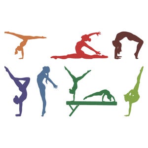 May include: A collection of colorful gymnastics silhouettes in orange, red, brown, purple, blue, green, and lime green. The figures are in various poses, including handstands, splits, and arched backbends. The image is set against a white background.