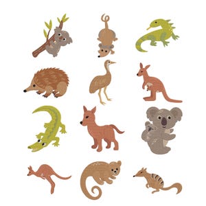 Könnte beinhalten: Illustrationen australischer Tiere, darunter ein Koala auf einem Ast, ein Känguru mit Jungtier, ein Emu, ein Krokodil und ein Bilby. Die Tiere sind in verschiedenen Braun-, Grün- und Grautönen dargestellt.