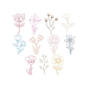 Puede incluir: Una colección de once ilustraciones florales de arte lineal distintas dispuestas en una cuadrícula. Los dibujos presentan varias formas de flores, tallos y hojas representadas en contornos finos y coloridos, incluyendo rosa, azul, naranja, marrón y amarillo.