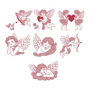 Puede incluir: Una colección de siete ilustraciones de querubines en varias poses. Los querubines están representados con alas, algunos sosteniendo corazones, arcos y flechas, y una rosa. La paleta de colores es un rojo apagado sobre un fondo blanco.
