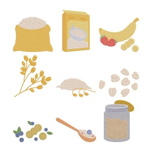 May include: A collection of food-themed illustrations featuring a yellow sack of grain, a cereal box, a banana, strawberries, oat stalks, scattered oat flakes, blueberries, a wooden spoon with porridge, and a glass jar filled with oats.