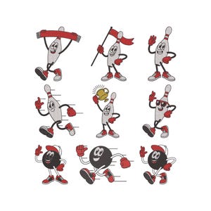 Op de afbeelding: Een verzameling cartoon bowlingpinnen en -ballen in verschillende poses. De pinnen zijn grijs met rode accenten, dragen rode schoenen en handschoenen. De bowlingballen zijn zwart met rode accenten. Sommige pinnen houden een trofee of een vlag vast.