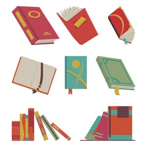 May include: An illustration of several books in various styles and colors. The books include red, teal, and green covers with gold and yellow accents. Some books are open, displaying the pages and bookmarks.