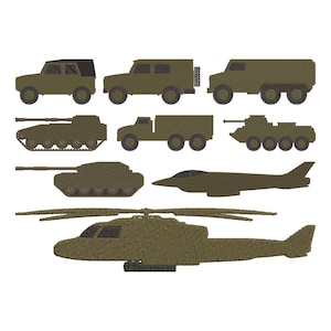 Puede incluir: Ilustración de varios vehículos militares en verde oliva. La imagen incluye un jeep, un camión, un tanque y un helicóptero. Los vehículos están representados en un estilo sencillo y plano, adecuado para diseños infantiles o materiales educativos.