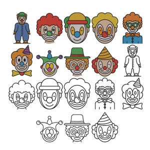 Diseño de bordado a máquina de payaso, contorno de dibujos animados de circo, patrón de bordado de bufón y bromista para fiesta de cumpleaños, descarga digital instantánea.
