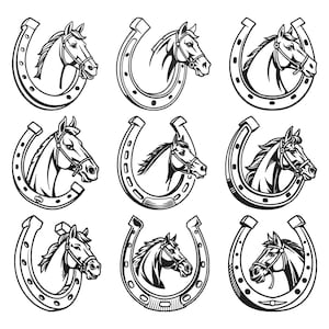 May include: Nine black and white illustrations of horse heads within horseshoes. Each horse head is detailed with a bridle. The horseshoes have a classic U-shape with nail holes. The images are suitable for equestrian-themed designs.