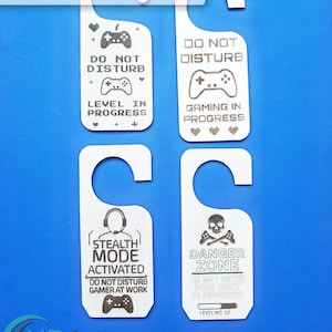 Set of 4 Gaming Door Knob Designs | Laser Cut & Engrave Templates | SVG DXF PDF Files | Do Not Disturb Gaming in Progress Hanger Bundle