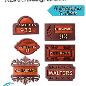 May include: Digital download of six wooden house number signs in various designs. Each sign features a name and number, with options for different sizes. The signs are laser cut and include file formats like SVG, DXF, and PDF.