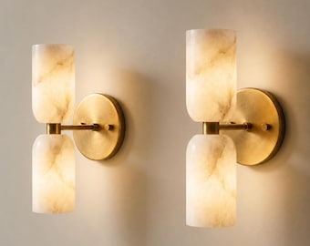 Applique murale en albâtre, cylindre double pour vanité de salle de bain, luminaire moderne en laiton