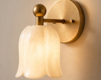Mid Century Modern Brass Wall Sconce, Alabaster Flower Shade Light, Handmade Marble Wall Lamp