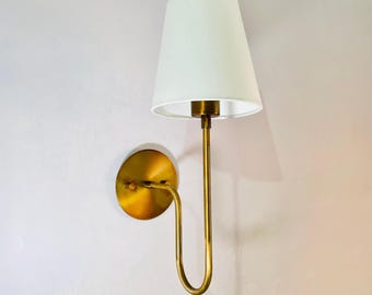 Mid Century Modern Brass Wall Sconce with Linen Shade, Handmade Vintage Wall Light