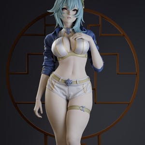 May include: A detailed figurine of a female character with light blue hair and a blue jacket. She wears a white and gold bikini top, white shorts, and sandals. The figure stands on a wooden platform with a dark brown backdrop.