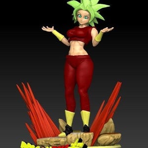 May include: A figurine of a female character from Dragon Ball Super. She wears a red crop top and leggings with yellow accents. Her spiky hair is green, and she stands on a rocky base with red flame-like structures. The base has the Dragon Ball Super logo.