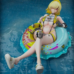 May include: A figurine of a person with yellow hair and a yellow and black swimsuit, sitting on a blue and yellow inflatable ring in a pool. The figurine is wearing white shoes. The inflatable ring has a hazard symbol.