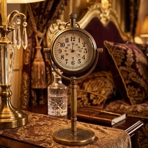 Puede incluir: Un reloj de latón de estilo vintage con esfera redonda, números romanos y un dial de segundos. El reloj está montado sobre un soporte y se encuentra sobre una mesa con un camino de mesa estampado. El reloj mide unos 15 cm de altura.