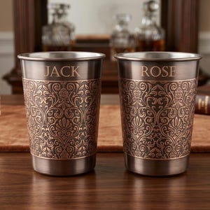 Könnte beinhalten: Zwei Metallbecher mit gebürstetem Bronze-Finish und einem komplizierten geprägten Damastmuster. Der linke Becher ist mit dem Namen JACK und der rechte Becher mit dem Namen ROSE graviert. Beide Becher haben einen glatten oberen Rand.