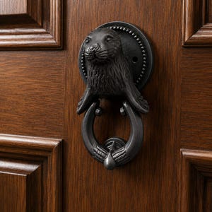 May include: A dark gray metal door knocker shaped like a seal, featuring a circular mounting plate with a beaded edge and a U-shaped swinging ring held by the seal's front flippers, mounted on a dark brown wooden door with recessed panels.