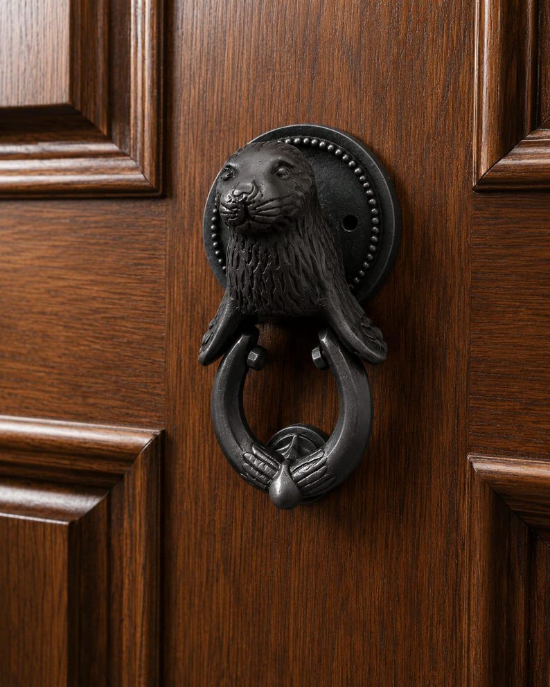 May include: A dark gray metal door knocker shaped like a seal, featuring a circular mounting plate with a beaded edge and a U-shaped swinging ring held by the seal's front flippers, mounted on a dark brown wooden door with recessed panels.