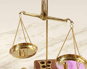 Handcrafted Vintage Brass Balance Scale – Premium Apothecary Weighing Machine with Wooden Base & Calibration Weights – Justice Office Decor