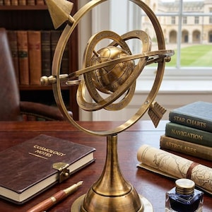 May include: A brass armillary sphere featuring a central globe surrounded by rotating rings engraved with zodiac signs and constellations. The structure is mounted on a circular pedestal base and includes a decorative arrow pointer at the top.