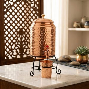 Pure Copper Water Dispenser 5 Liter Personalized with Stand 250ml Cup Handmade Gift