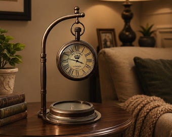 May include: A bronze-toned metal desk clock suspended from a curved stand. The round clock face features Roman numerals, black hands, and the text "VICTORIA LONDON 1915" with a crown icon. The base is circular and flat, resting on a wooden surface.