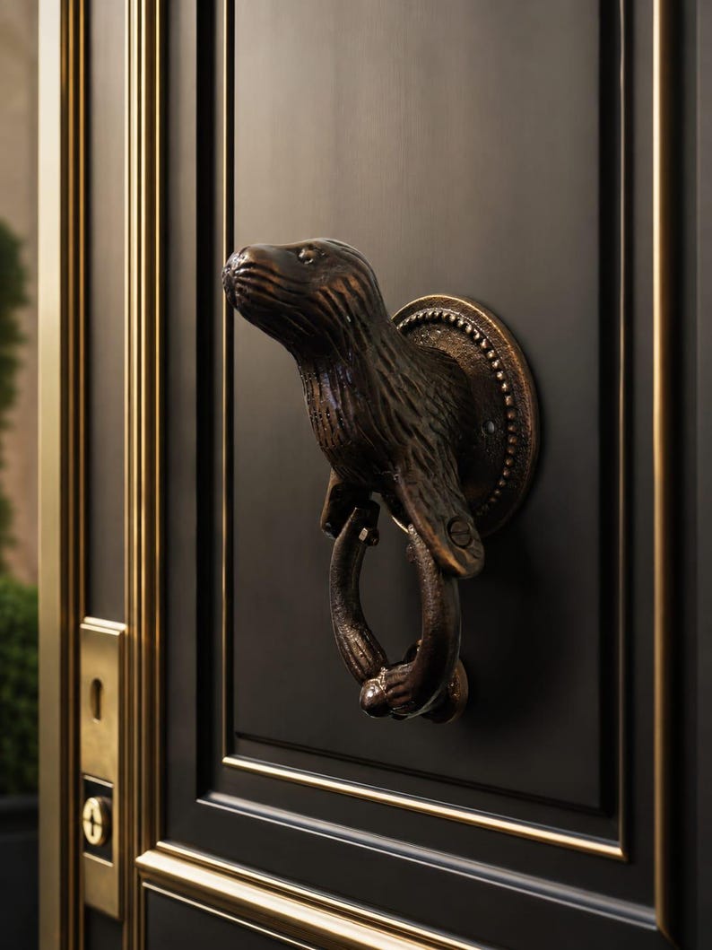 May include: A bronze-toned metal door knocker shaped like an otter, featuring a textured fur finish and a circular ring held by the otter's front paws. The knocker is mounted on a circular base plate and attached to a matte black door with gold trim.