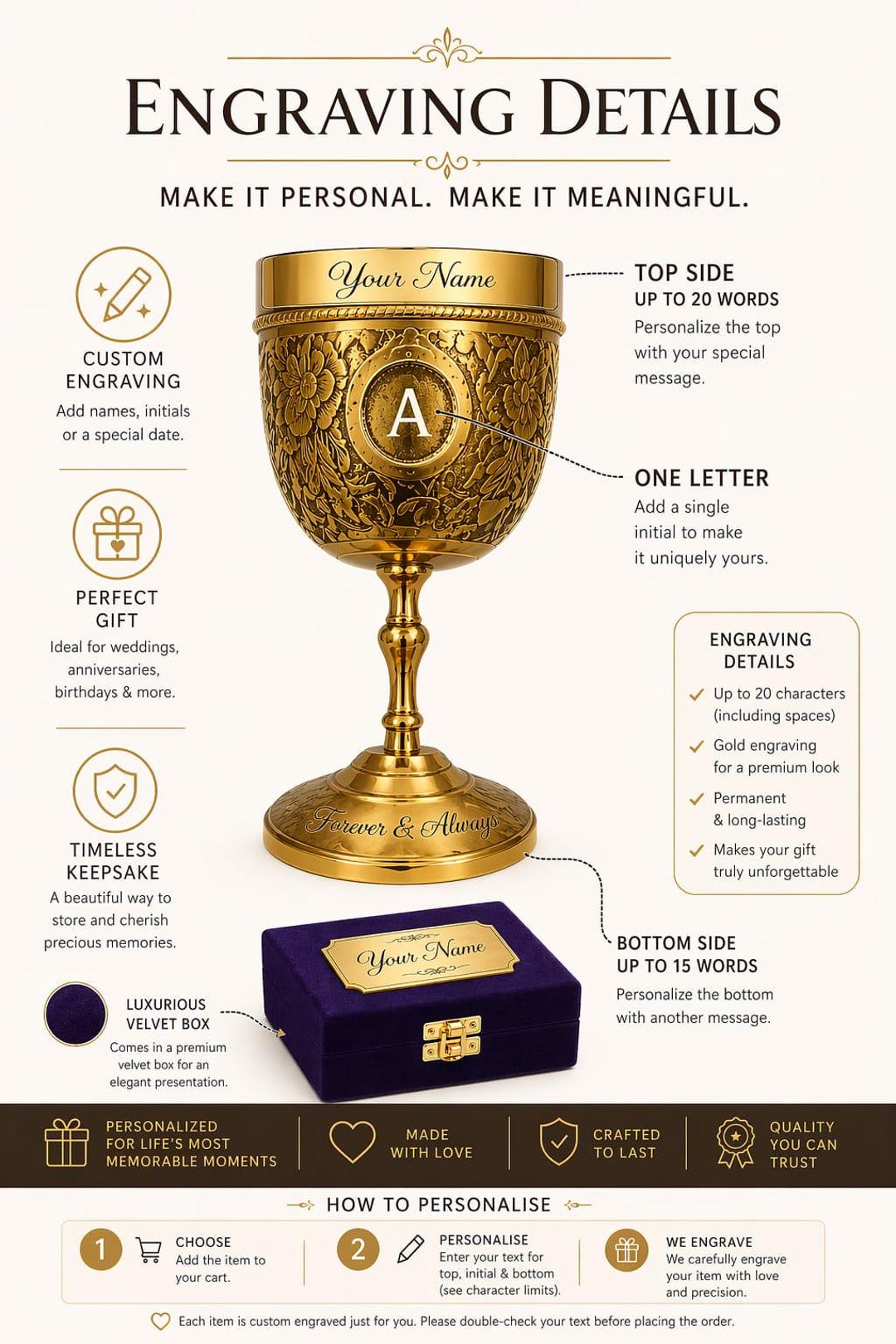 Personalized Engraved Gold Brass Chalice | Floral Rose Wine Goblet ...
