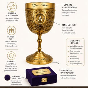 May include: A gold-colored chalice with intricate floral engravings and a central letter A, accompanied by a purple velvet box. The image includes text detailing engraving options, personalization instructions, and product features for this item.
