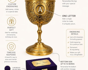 May include: A gold-colored chalice with intricate floral engravings and a central letter A, accompanied by a purple velvet box. The image includes text detailing engraving options, personalization instructions, and product features for this item.