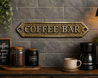 Personalisierte Messing Coffee Bar Zeichen | Benutzerdefiniertes graviertes Metallnamenschild | Vintage Art-Küchendekor | Benutzerdefiniertes Kaffeestation-Schild | Premium-Geschenk