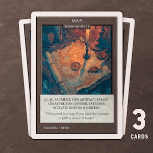 May include: Three trading cards with a map theme. The cards have a white border and feature a detailed illustration of a map, compass, and candle. Text on the card reads "MAP TOKEN ARTIFACT" and a quote. The number "3" is visible.