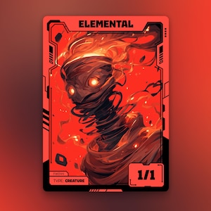 Op de afbeelding: Een rode en zwarte ruilkaart met een elementaal wezen. De kaart heeft bovenaan het woord "ELEMENTAL" en onderaan "TYPE: CREATURE". Het wezen heeft gloeiende ogen en is omgeven door vlammen. De kracht van de kaart is 1/1.
