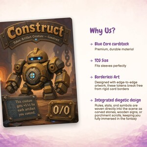 May include: A rectangular trading card featuring a golden mechanical construct creature with glowing blue eyes. The card displays the text Construct, Token Artifact Creature, and 0/0, with a stone sign reading This creature gets +1/+1 for each artifact you control.